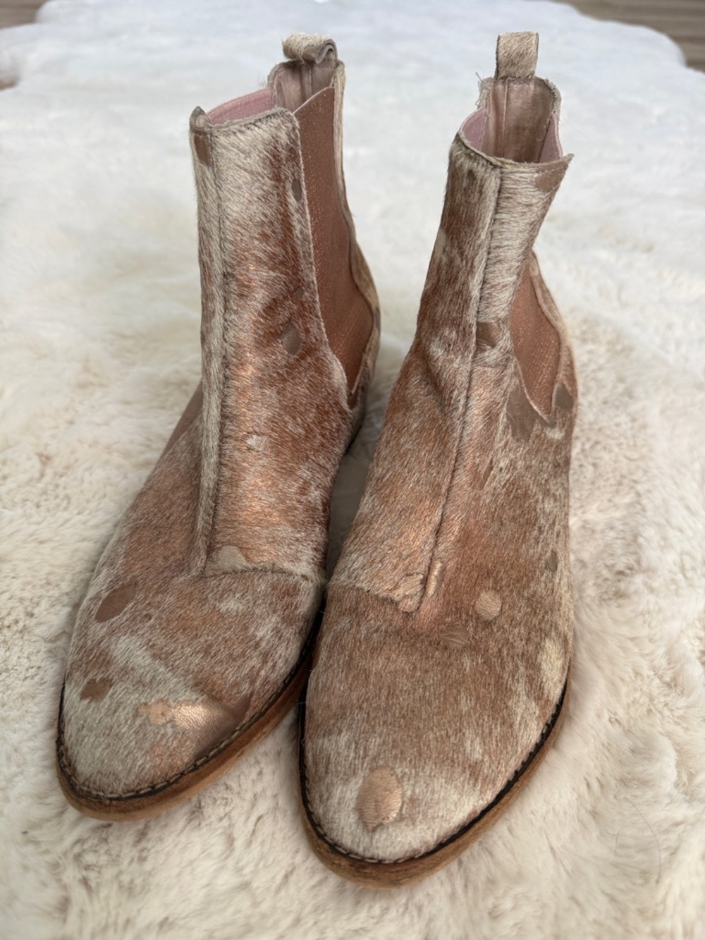 Midas Zaro Cafe & Rose Gold Pony Hair Leather Metallic Chelsea Ankle Boots